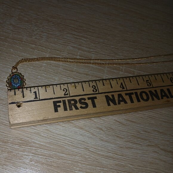 Gold Tone Oval Blue Patterned Pendant Necklace Vintage Costume Jewelry #101 - Picture 7 of 12